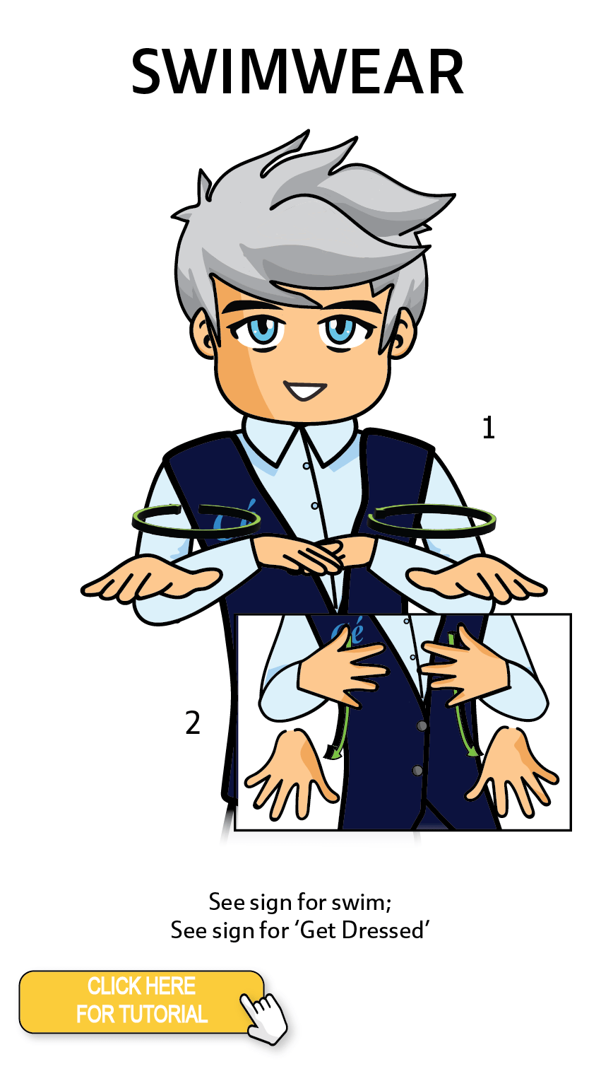 The Cérge character performing sign language for the word Swimwear. The Keyword Sign instructions are: 1. Hands together then move in outwards circles (to represent breaststroke) 2. Fingers and thumb spread, run thumbs down chest moving hands outwards from body